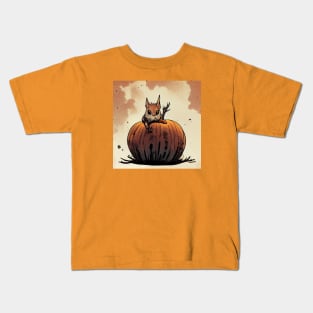 Skittish squirrel on a pumpkin Kids T-Shirt